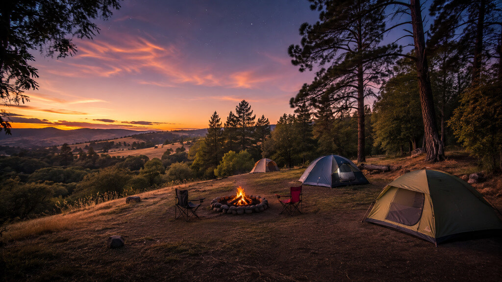 A mountain campsite featuring tents pitched around a crackling campfire, with folding chairs set up under a vibrant orange and purple sunset sky.