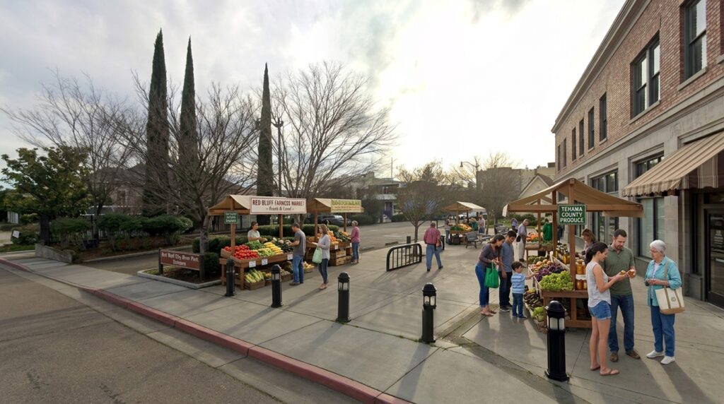 People shopping for fresh produce at wooden canopy market stalls positioned along a wide sidewalk next to a historic brick building.
