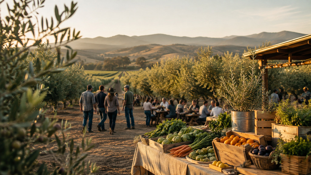 A rustic farm-to-table display filled with fresh produce, carrots, citrus, and herbs in wooden crates, with people walking and dining outdoors among olive trees and rolling hills.