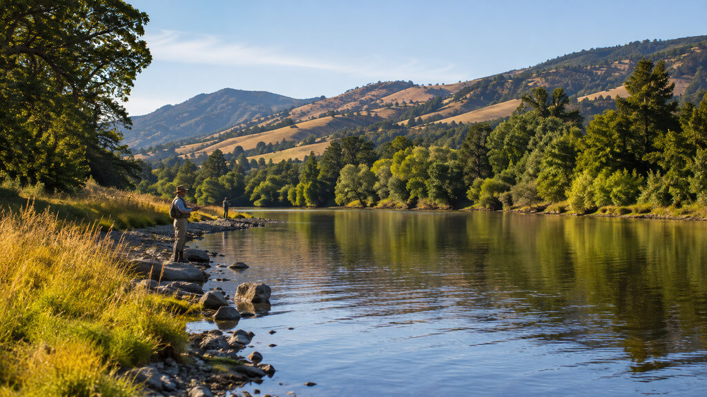 An angler in waders standing on a rocky riverbank fly fishing in calm waters, with lush green trees and rolling golden hills in the background.