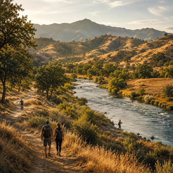 Two hikers with daypacks walking along a riverside dirt path, with a mountain biker in the distance, an angler fishing along the water, and golden rolling hills in the background.