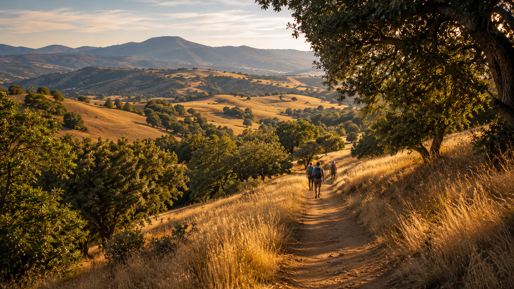 Three hikers walking along a sunny dirt path framed by oak trees, overlooking golden rolling hills and distant mountain peaks.