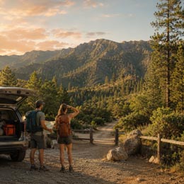 Two hikers standing behind an open SUV tailgate, holding a map and looking toward a mountain trail bordered by pine trees at sunset.