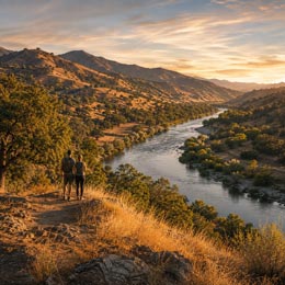 Two hikers standing on a grassy ridge overlooking a winding river through a canyon surrounded by rolling hills under a sunset sky.