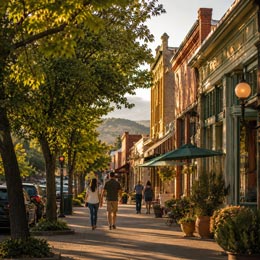 Pedestrians walking along a tree-lined sidewalk past historic brick storefronts and shops in a charming small town downtown during golden hour.