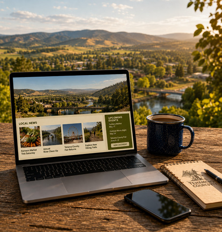 A laptop sitting on an outdoor wooden table displaying a local news and events website, next to a coffee mug, smartphone, and notebook with scenic valley views in the background.
