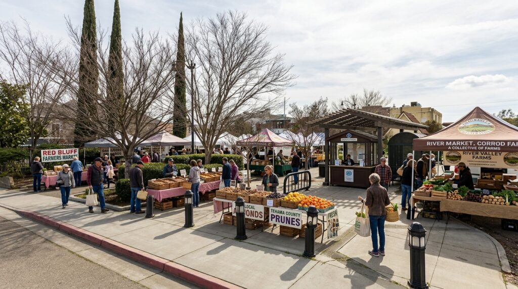 People browsing vendor tents and produce stands filled with fresh fruits, vegetables, and local goods at an outdoor farmers market on a bright day.