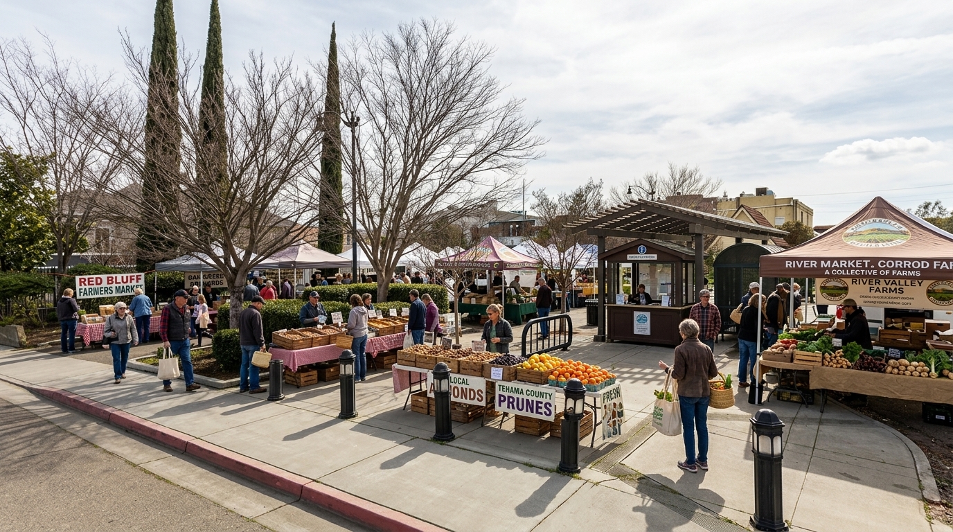 People browsing vendor tents and produce stands filled with fresh fruits, vegetables, and local goods at an outdoor farmers market on a bright day.