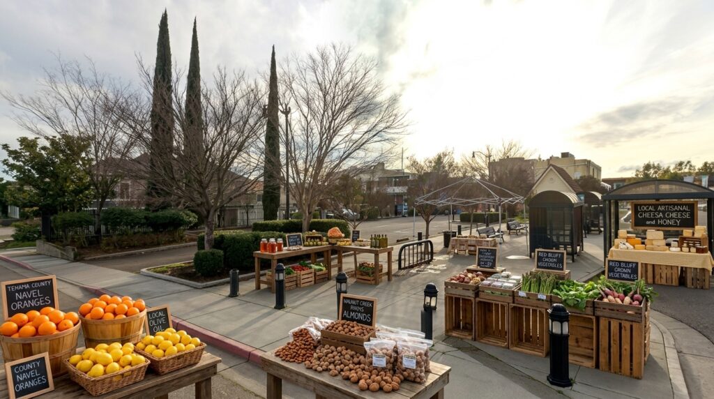 Wooden tables and crates set up outdoors at a farmers market featuring fresh navel oranges, lemons, olive oil, nuts, green vegetables, and artisanal cheeses.