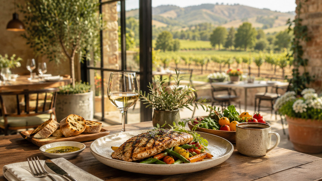 A rustic dining table featuring grilled fish over roasted vegetables, a glass of white wine, fresh bread, and salad, set in a stone restaurant with open views of vineyard hills.
