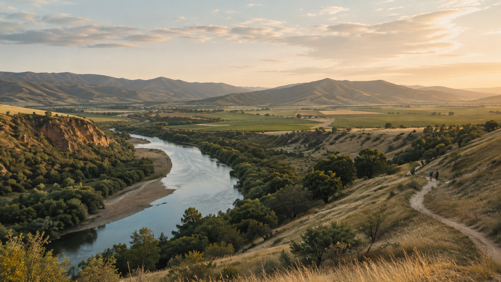 High-angle landscape shot of a winding river flowing through a lush green valley, with two hikers walking along a hillside dirt trail during sunset.
