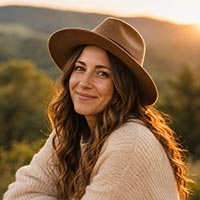Smiling Woman in Wide-Brim Hat Golden Hour Outdoor Portrait