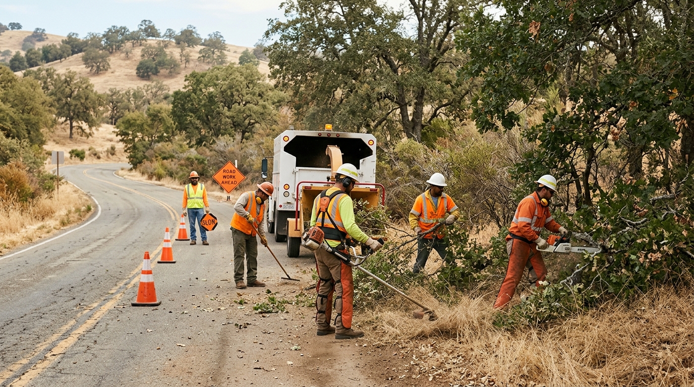 Illustrative CAL FIRE-style crew reducing roadside vegetation to support wildfire safety in Tehama County